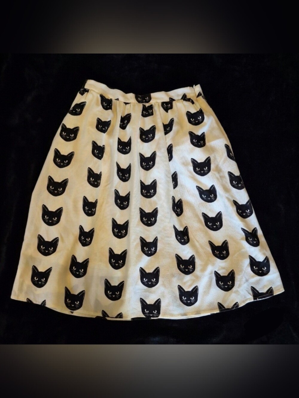 Varga Black Cat Print Flared Skirt, Side Zip, M